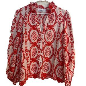 Embroidered Women’s Sz L White And Coral V Neck Blouse Ruffles Scalloped Gem